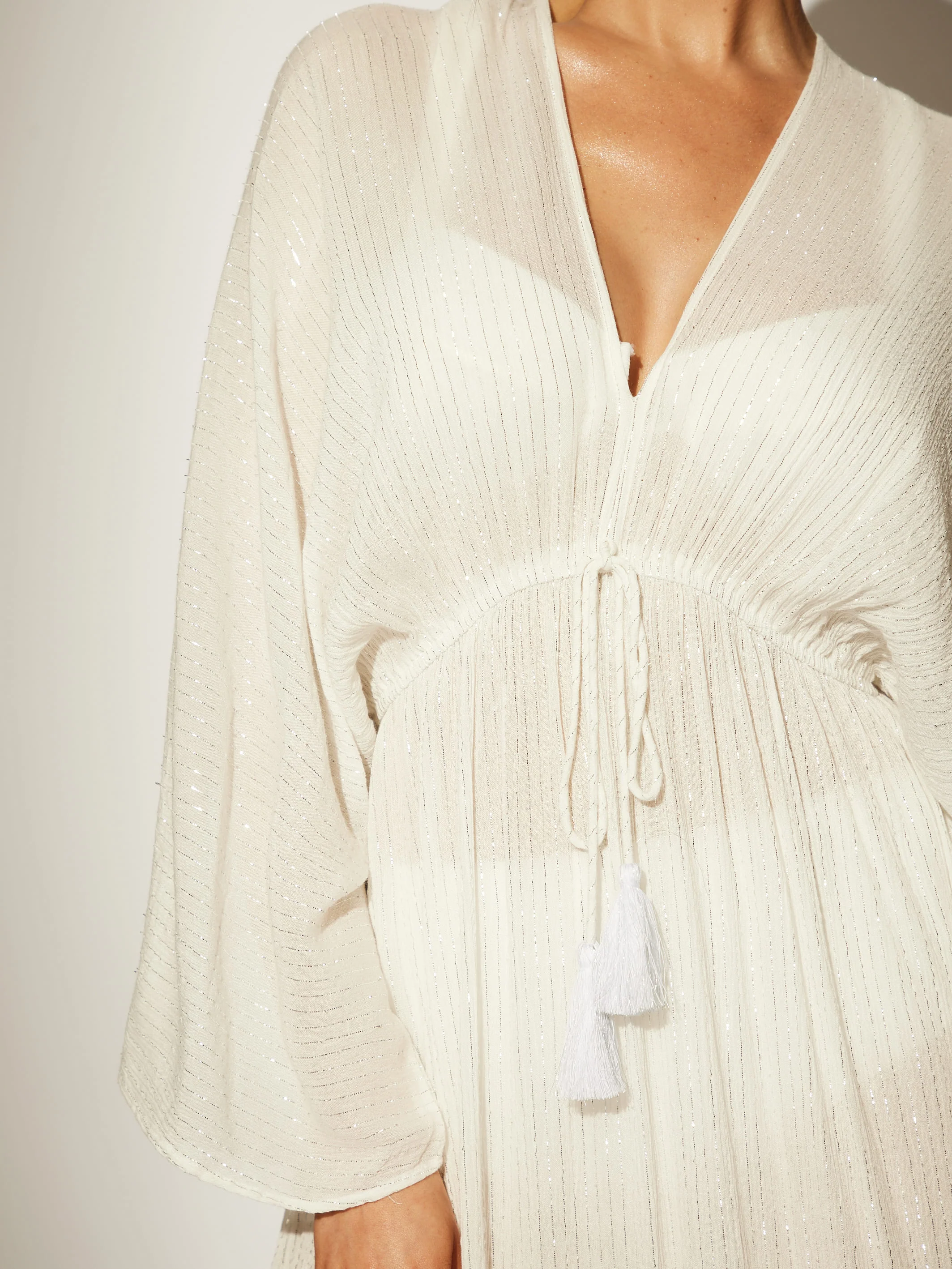 Metallic Kimono Sleeve Beach Maxi Dress in White - Image 3